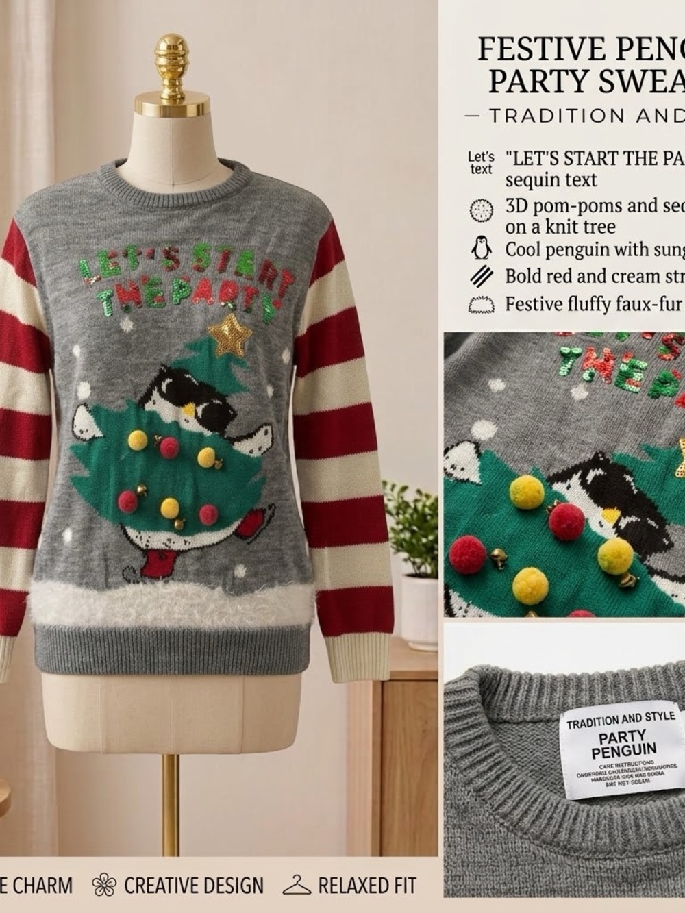 Party Penguin Festive Crewneck Sweater - Gray, Red & Cream